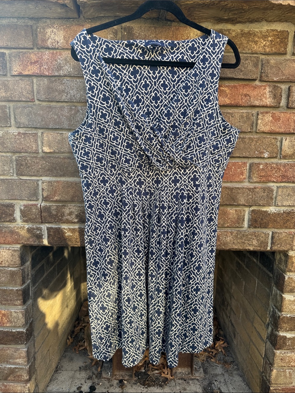 Lands' End Navy and White Sleeveless Fit-and-Flare Geometric Dress size XLP